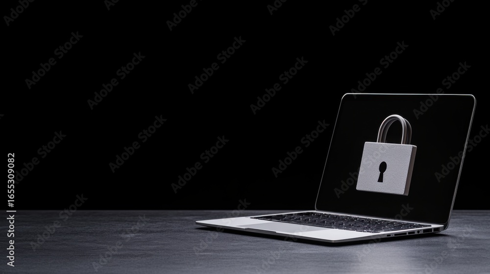 Aufkleber computer security concept with lock on laptop display and dark background