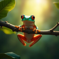 Javan tree frog on aitting on branch, flying frog on branch, tree frog on branch