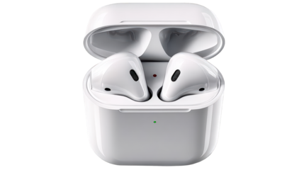 Glossy white wireless earbuds in an open charging case with a green LED light.