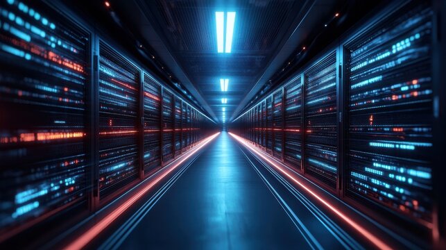 Futuristic Data Center with Server Racks and Neon Lighting Effects