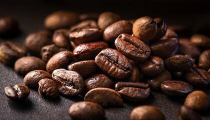 brown roasted coffee beans closeup on dark background