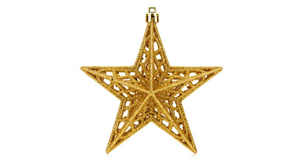 Obraz premium A gold glitter Christmas star ornament isolated on a white background.