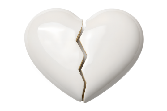 A stark white ceramic heart, shattered into two pieces, symbolizing heartbreak and lost love, isolated against a plain white background.
