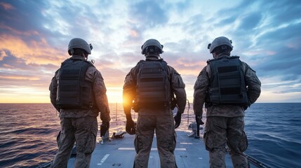 Soldiers on Naval Vessel at Sunset Over Ocean, Military Service and Patriotism