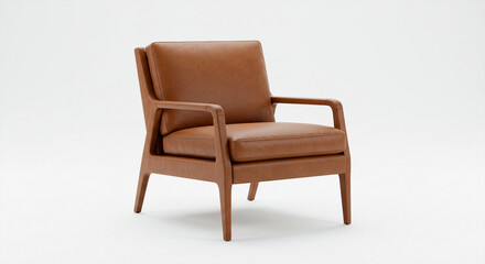 Fototapeta premium A stylish modern brown leather armchair with wooden frame, isolated on a clean white background
