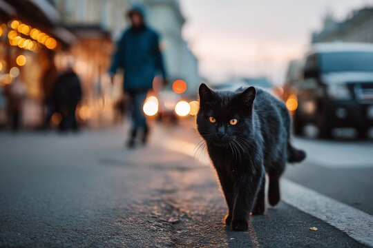 Black Cat confidently approaching camera on busy city street at twilight, radiating mysterious energy and dark superstitions