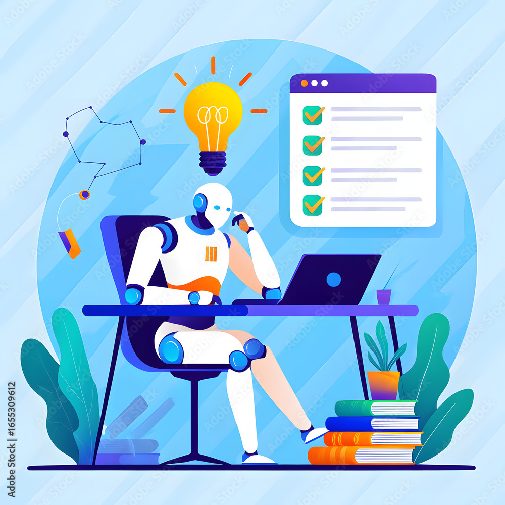 Fototapete illustration graphics in flat design style. artificial intelligence at work. light bulb with an idea