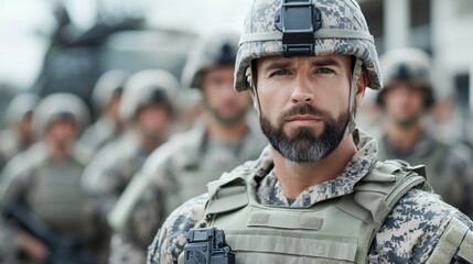 Fototapeta premium Serious Military Soldier Portrait in Uniform with Gear and Camouflage Background