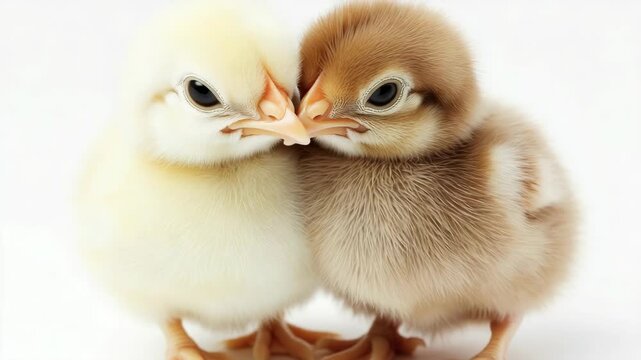 Soft focus close-up of two tiny chicks with orange beaks and dark eyes looking at each other.
