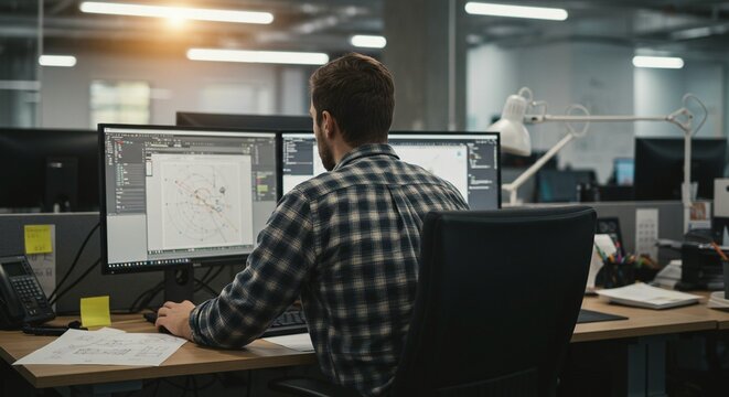 Engineer working on design plans with a dual monitor setup, showcasing precision and focus in a modern, bright office environment. - Powered by Adobe