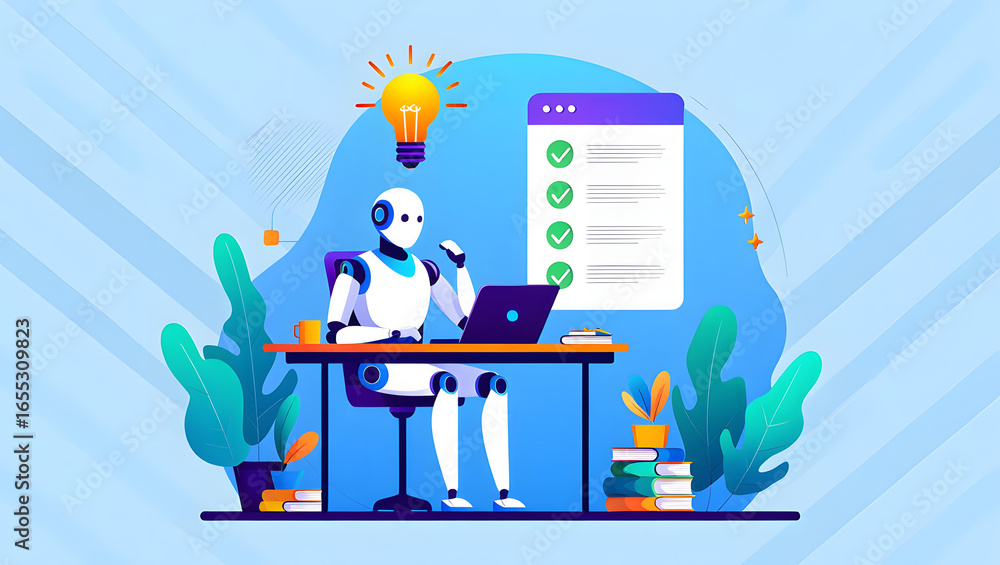Fototapete illustration graphics in flat design style. artificial intelligence at work. light bulb with an idea