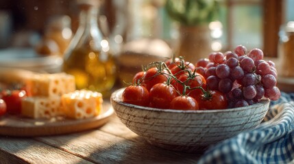 Rustic Harvest of Fresh Tomatoes and Grapes