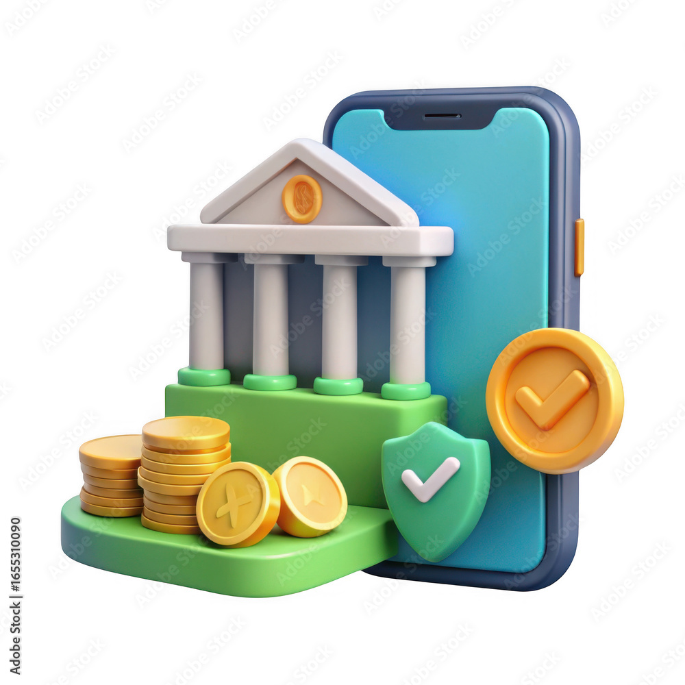 Poster 3d bank building with mobile banking and coins isolated on transparent background