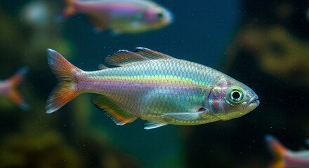 Fototapeta premium A stunning fish with rainbow scales swims gracefully in the aquarium, showcasing its vibrant colors and mesmerizing beauty beneath the water's surface.