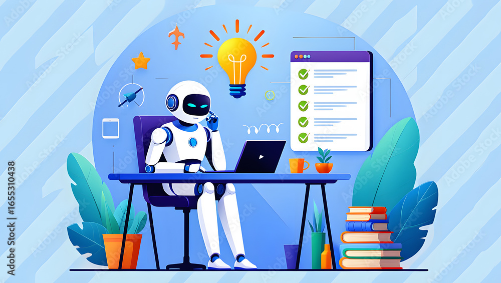 Fototapete illustration graphics in flat design style. artificial intelligence at work. light bulb with an idea