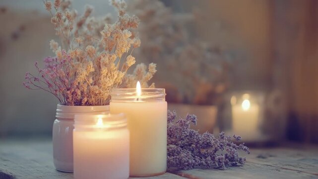 A cozy scene with purple candles in jars, adorned with dried wildflowers, suggesting a calming and tranquil atmosphere.