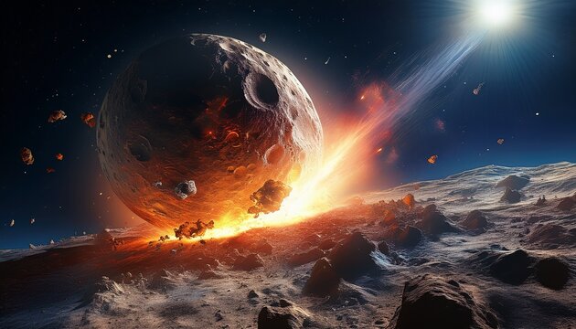 an asteroid hitting the moon highlighting the bright spotlight of the impact large cloud of dust and displaced lunar rocks