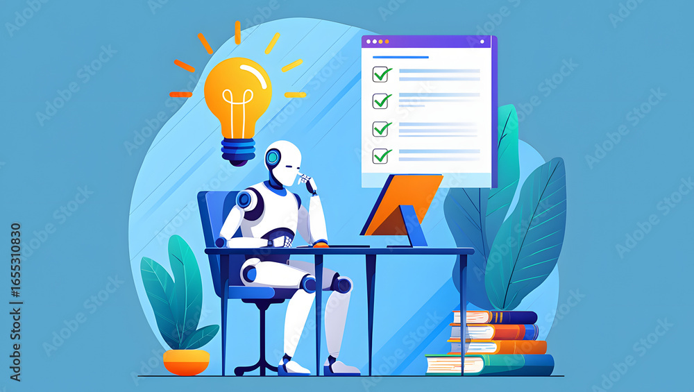 Fototapete illustration graphics in flat design style. artificial intelligence at work. light bulb with an idea