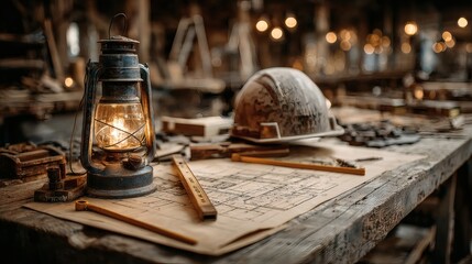 Architectural blueprints and drafting tools on a wooden desk, evoking a professional construction workspace.