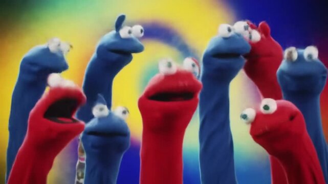 Group of colorful sock puppets with googly eyes performing on stage