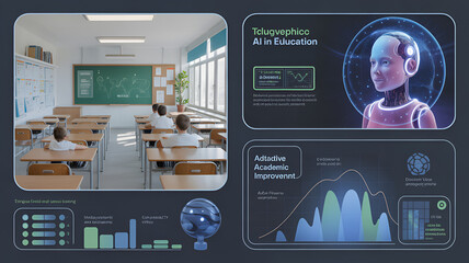 Artificial intelligence in education concept with classroom and infographics