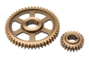 Industrial machine components featuring a large and small brass metal spur gear set for power transmission, isolated on a white background.