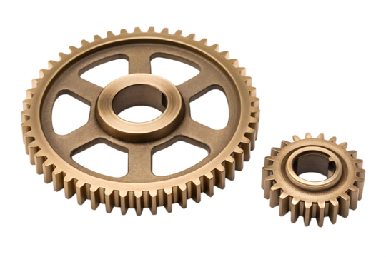 Industrial machine components featuring a large and small brass metal spur gear set for power transmission, isolated on a white background.