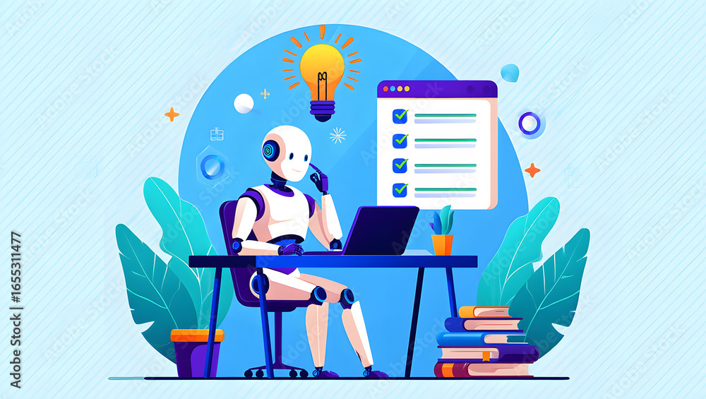 Fototapete illustration graphics in flat design style. artificial intelligence at work. light bulb with an idea