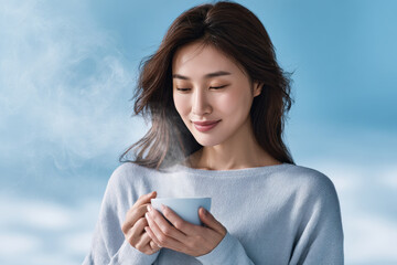 young woman holding steaming cup of tea surrounded by light blue backdrop that evokes warmth and serenity