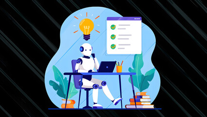 Illustration graphics in flat design style. Artificial intelligence at work. Light bulb with an idea. Robot working on laptop and filling out document. Checklist with completed tasks.