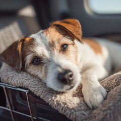 Calm Dog Resting in Carrier with Care Instructions