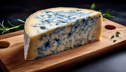 blue cheese wedge displays creamy texture and unique marbling on wooden board
