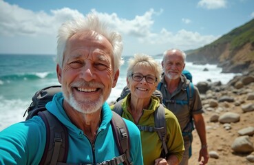 Three smiling seniors with backpacks hike along rocky beach. They enjoy healthy, carefree lifestyle exploring nature together. Their journey along coast shows friendship, joyful retirement adventures.