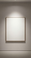 A square white canvas with a gold frame hanging on a gray wall under a spotlight in a gallery