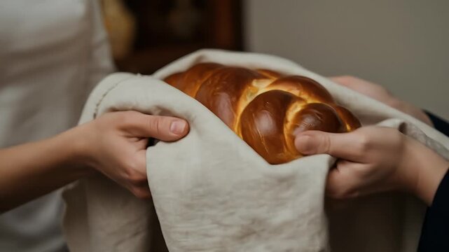 Hands carefully hold and present a beautifully braided, golden-brown loaf of challah bread wrapped in a soft, light-colored cloth.