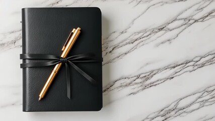 Elegant Black Notebook and Golden Pen: A sophisticated notebook and a stylish pen resting on a marble surface, with a tasteful ribbon embellishment. Ideal for writing, planning, or gifting.