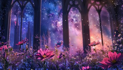 Cosmos flowers bloom under starry night sky in gothic castle garden; fantasy art for book cover