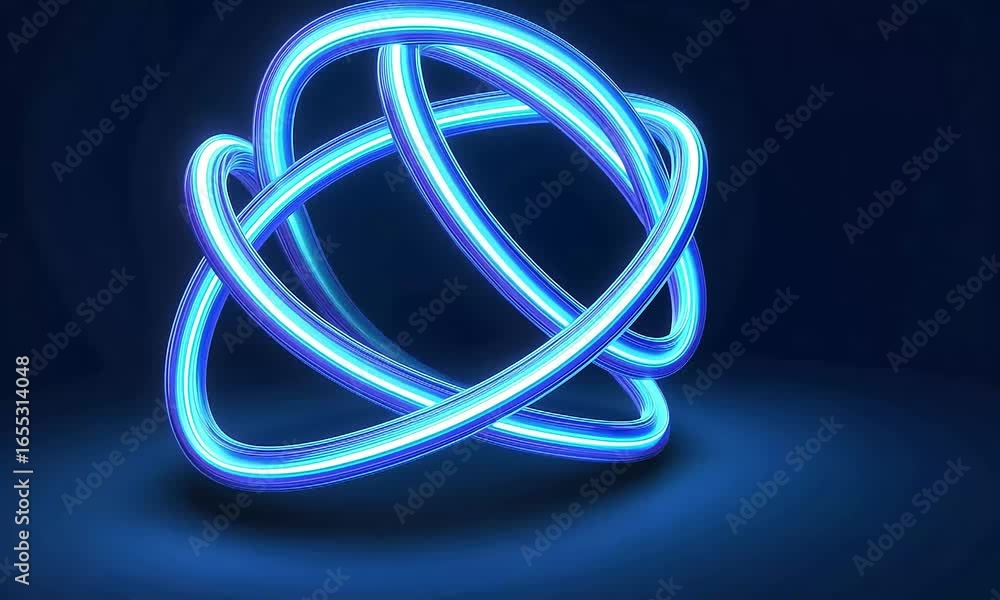 Poster dynamic glowing blue abstract rings intertwined in futuristic motion loop.
