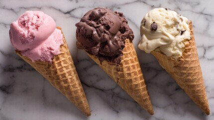 Three ice cream cones on a marble surface, showcasing delicious flavors in an overhead view.