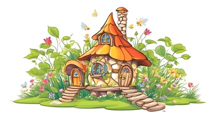Illustration of a small fairy house placed in a beautiful garden on a clean white background, surrounded by delicate flowers, trees, and magical whimsical elements creating a charming scene
