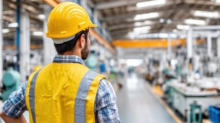 Engineer wearing safety helmet and vest looking at factory, inspecting factory production line, back view.