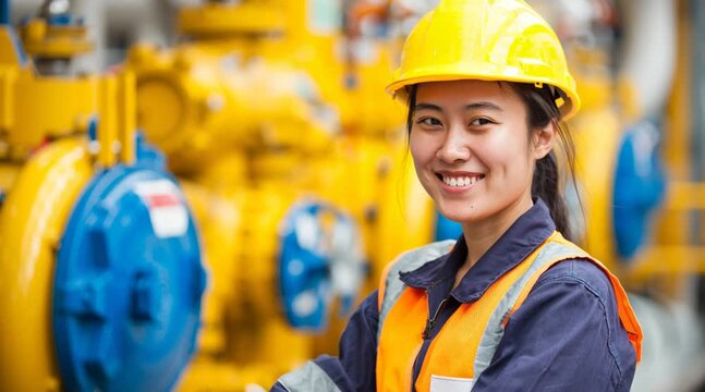 A smiling Asian female engineer is moving and looking at the camera