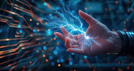 Hand holding energy, futuristic server room, data flow