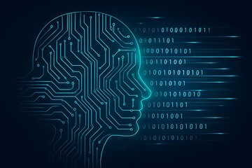 Artificial intelligence concept featuring a digital brain with electronic circuits and binary code representing neural networks and advanced technology for futuristic designs