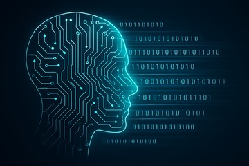 Artificial Intelligence and Neural Network Concept Visualizing Data Processing and Machine Learning Algorithms within Human Mind Profile with Binary Code Overlay