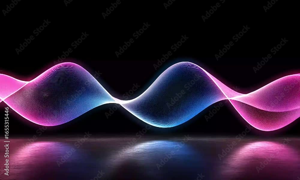Poster dynamic waveform abstract pink and blue light particles flowing on reflective surface.