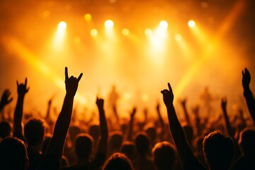 Energetic Crowd Silhouette at Live Music Concert with Bright Stage Lights and Raised Hands Expressing Excitement and Enjoyment of the Performance