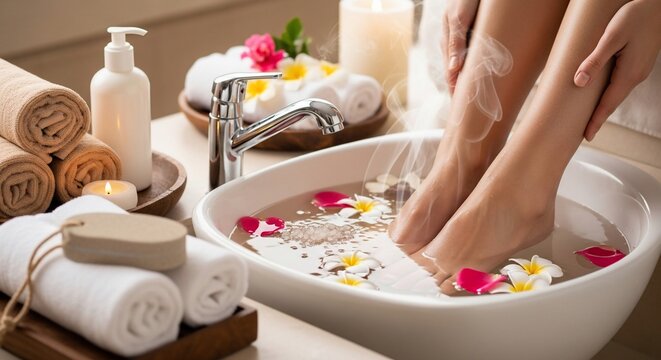 Steaming foot soak with floating flower petals and rolled towels in a spa setting