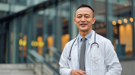 A smiling Asian doctor is moving and looking at the camera