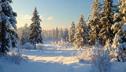 Fototapeta premium A serene winter landscape, showcasing snow-covered trees and pristine ground, bathed in the soft glow of sunlight.